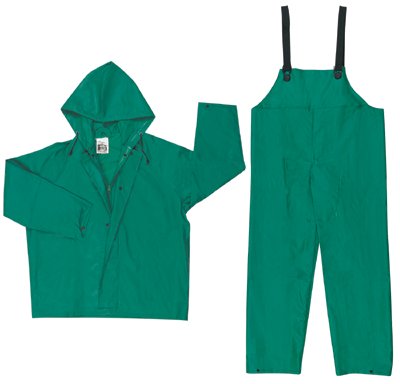 Two-Piece Rain Suit, Jacket w/Hood, Bib Pants, 0.42 mm PVC/Poly, Green, Large 611-3882L