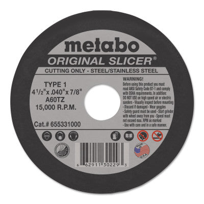 Original Slicer Cutting Wheel, Type 1, 4-1/2 in dia, 0.045 in Thick, 60 Grit, Aluminum Oxide 469-655331000