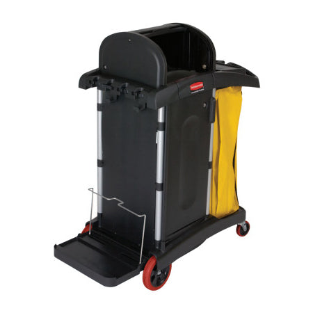 Microfiber Janitor Cart, 48-1/4 in L x 22 in W x 53-1/2 H, 2 Shelves, 34 gal Cap, Plastic, Black, 4 in dia Pneumatic Casters 640-FG9T7500BLA