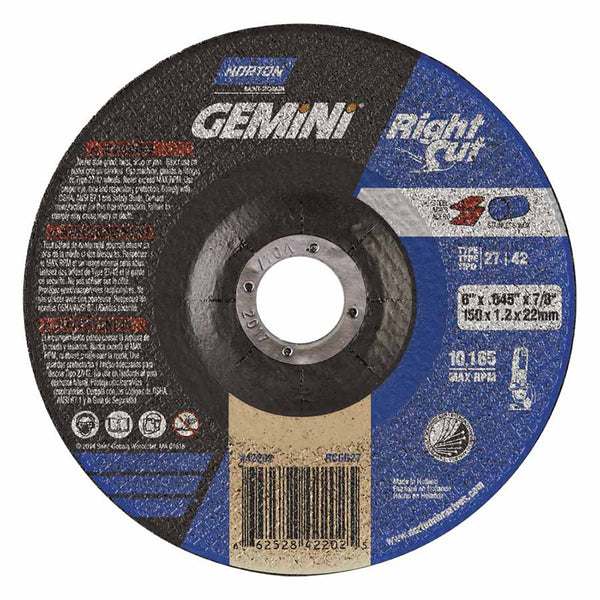 Gemini RightCut Right Angle Cut-Off Wheel, Type 27/42, 6 in dia x 0.045 in Thick x 7/8 in Arbor, 25 EA/PK 547-66252842202