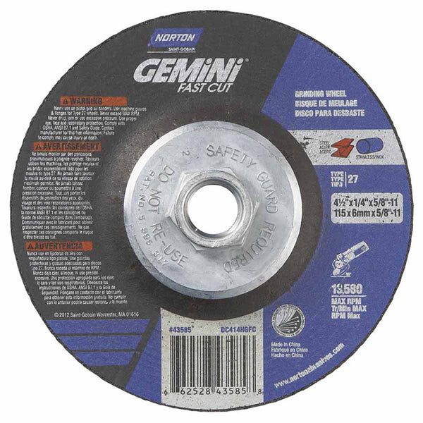 Gemini FastCut Depressed Center Wheel, 4-1/2 in Thick, Aluminum Oxide 547-66252843585