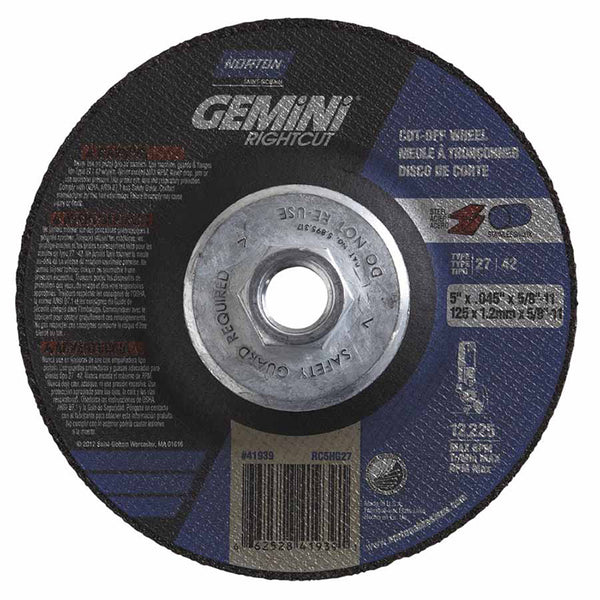 Gemini RightCut Right Angle Cut-Off Wheel, Type 27/42, 5 in dia x 0.045 in Thick x 5/8 in-11 Arbor, 1 EA/EA 547-66252841939