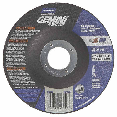 Gemini RightCut Right Angle Cut-Off Wheel, Type 27/42, 4-1/2 in dia x 0.045 in Thick x 7/8 in Arbor, 25 EA/BX 547-66252842026