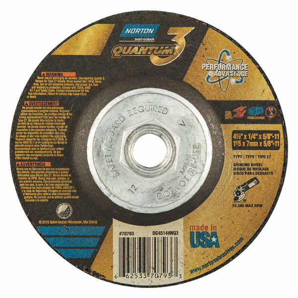 Quantum3 SG CA Type 27 Grinding Wheel, 4-1/2 in dia, 1/4 in Thick, 5/8 in-11 Arbor, 20 Grit, Ceramic Alumina 547-66253370793