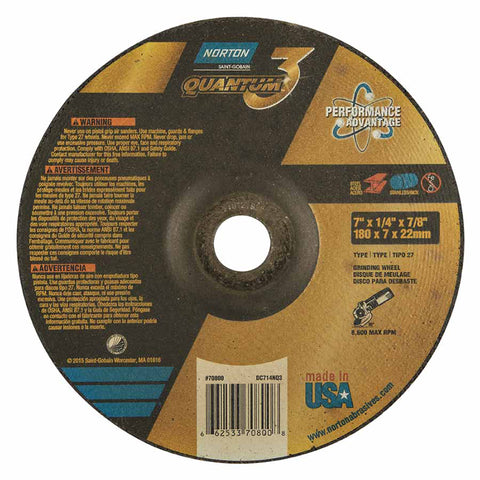 Quantum3 SG CA Type 27 Grinding Wheel, 7 in dia, 1/4 in Thick, 7/8 in Arbor, 20 Grit, Ceramic Alumina 547-66253370800