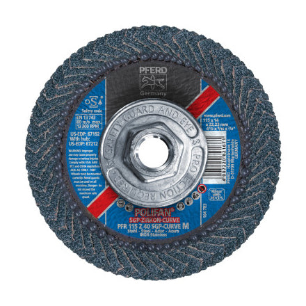 POLIFAN SGP Zircon-Curve Radial Type PFR Flap Disc, 7 in x 5/16 in, 40 Grit, 5/8 in-11 Arbor, 8,600 RPM 419-67371