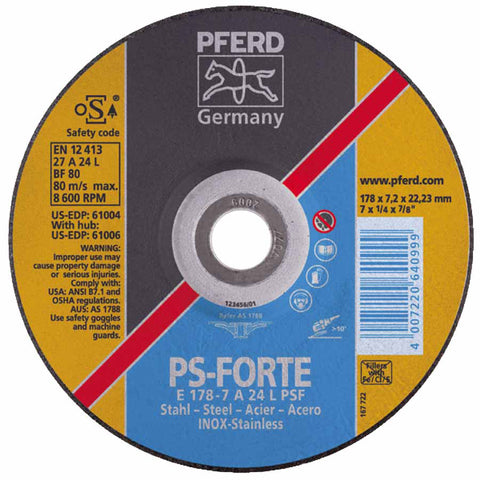 Depressed Center Wheel, 4 1/2 in Dia, 1/4 Thick, 7/8 Arbor, 24 Grit Alum. Oxide 419-61002