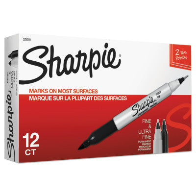 Twin Tip Permanent Marker, Black, Fine/Ultra Fine, Bullet 652-32001