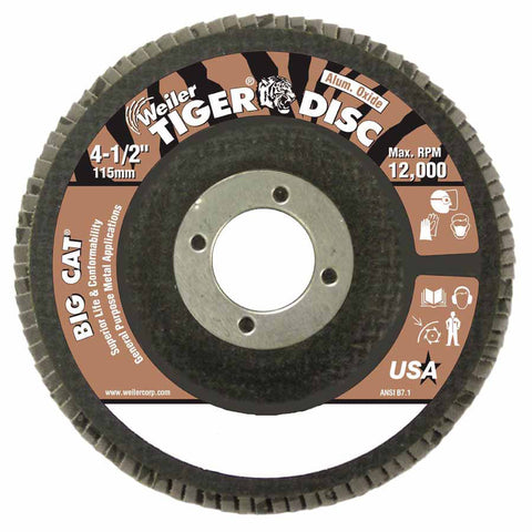 Tiger Big Cat High Density Flap Disc, 4-1/2 in dia, 40 Grit, 7/8 in Arbor, 12000 rpm, Type 27 804-50763