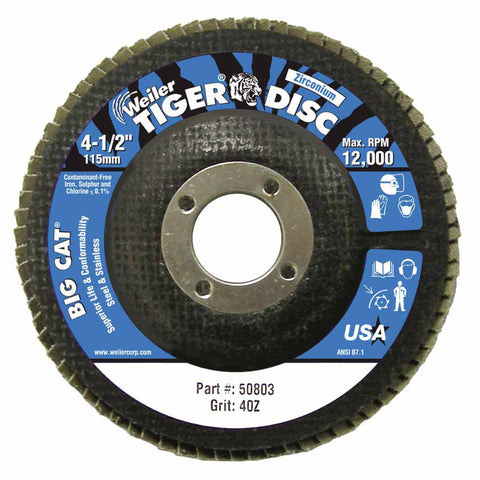 Tiger Big Cat High Density Flap Disc, 4-1/2 in dia, 40 Grit, 7/8 in Arbor, 12000 RPM, Type 27 804-50803