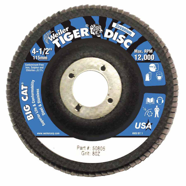 Tiger Big Cat High Density Flap Disc, 4-1/2 in dia, 80 Grit, 7/8 in Arbor, 12000 RPM, Type 27 804-50805