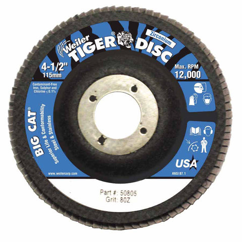 Tiger Big Cat High Density Flap Disc, 4-1/2 in dia, 80 Grit, 7/8 in Arbor, 12000 RPM, Type 27 804-50805