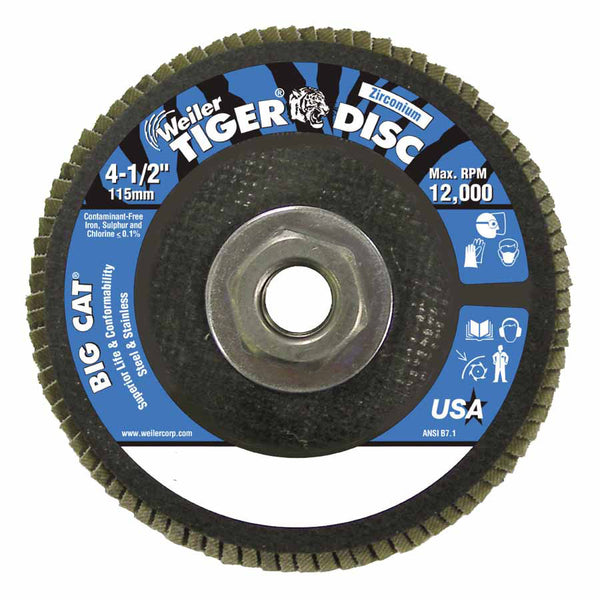 Tiger Big Cat High Density Flap Disc, 4-1/2 in dia, 40 Grit, 5/8 in-11, 12000 RPM, Type 27 804-50808