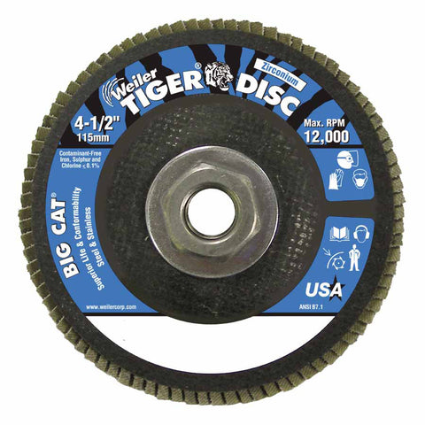 Tiger Big Cat High Density Flap Disc, 4-1/2 in dia, 40 Grit, 5/8 in-11, 12000 RPM, Type 27 804-50808