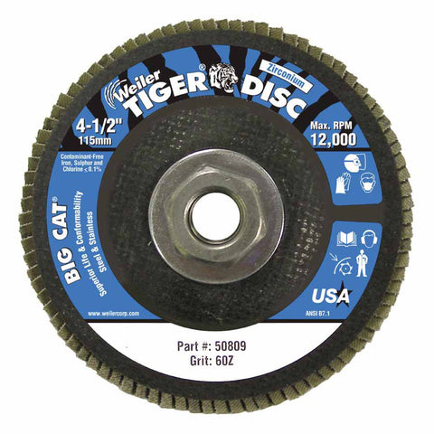 Tiger Big Cat High Density Flap Disc, 4-1/2 in dia, 60 Grit, 5/8 in-11, 12000 RPM, Type 27 804-50809
