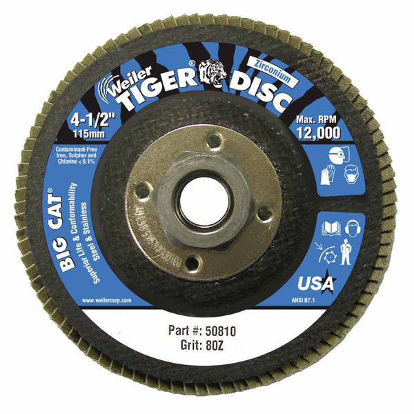 Tiger Big Cat High Density Flap Disc, 4-1/2 in dia, 80 Grit, 5/8 in-11, 12000 RPM, Type 27 804-50810