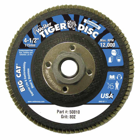 Tiger Big Cat High Density Flap Disc, 4-1/2 in dia, 80 Grit, 5/8 in-11, 12000 RPM, Type 27 804-50810