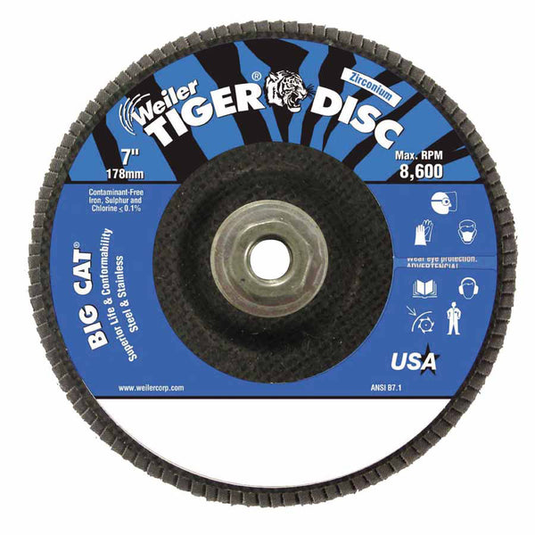 Tiger Big Cat High Density Flap Disc, 7 in dia, 40 Grit, 5/8 in-11, 8600 RPM, Type 27 804-50843