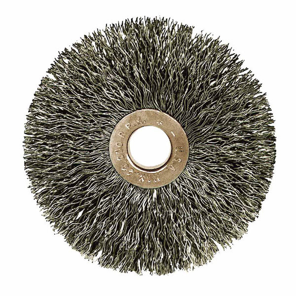 Copper Center Small Diameter Wire Wheel, 3 in dia x 5/8 in W Face, 0.006 in Stainless Steel Wire, 20000 RPM 804-16933