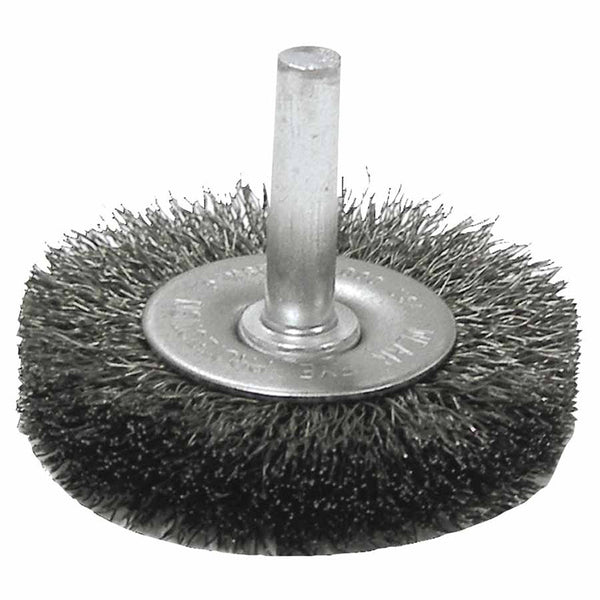 Crimped Wire Radial Wheel Brush, 3 in dia x 1/2 in W Face, 0.014 Steel Wire, 20000 RPM, 1/4 in Stem 804-17966