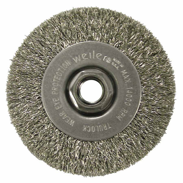 Crimped Wire Wheel, 4 in dia x 1/2 in W, 0.014 in Stainless Steel Wire, 14000 RPM 804-13085