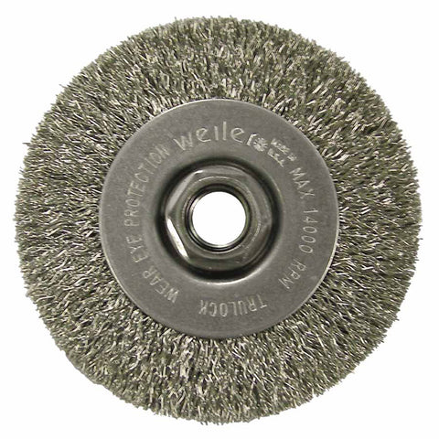 Crimped Wire Wheel, 4 in dia x 1/2 in W, 0.014 in Stainless Steel Wire, 14000 RPM 804-13085