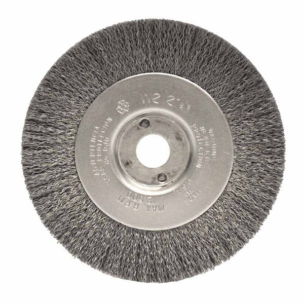 Narrow Face Crimped Wire Wheel, 4 in dia x 1/2 in W Face, 0.006 in Stainless Steel Wire, 12500 RPM 804-00154