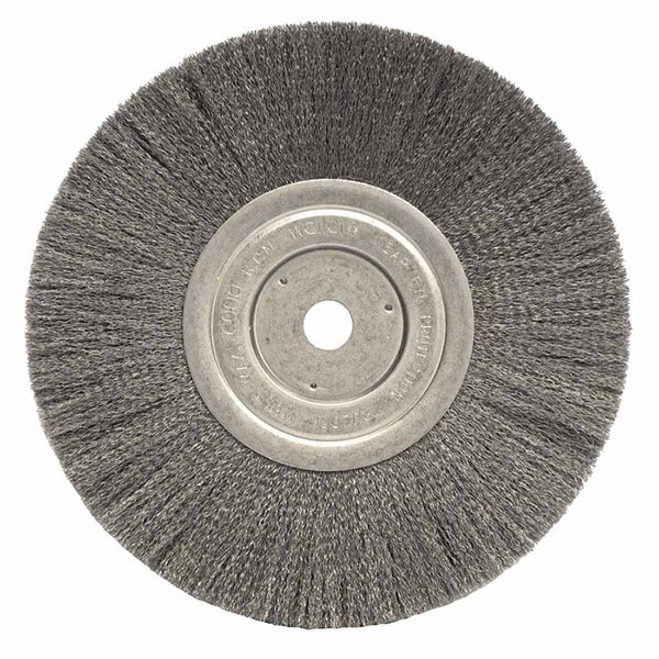 Narrow Face Crimped Wire Wheel, 8 in dia x 3/4 in W Face, 0.006 in Stainless Steel Wire, 6000 RPM 804-01775