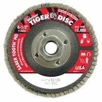 Tiger Saber Tooth Ceramic High Density Flap Disc, 4-1/2 in dia, 40 Grit, 5/8 in-11, 13000 RPM, Type 27 804-50133