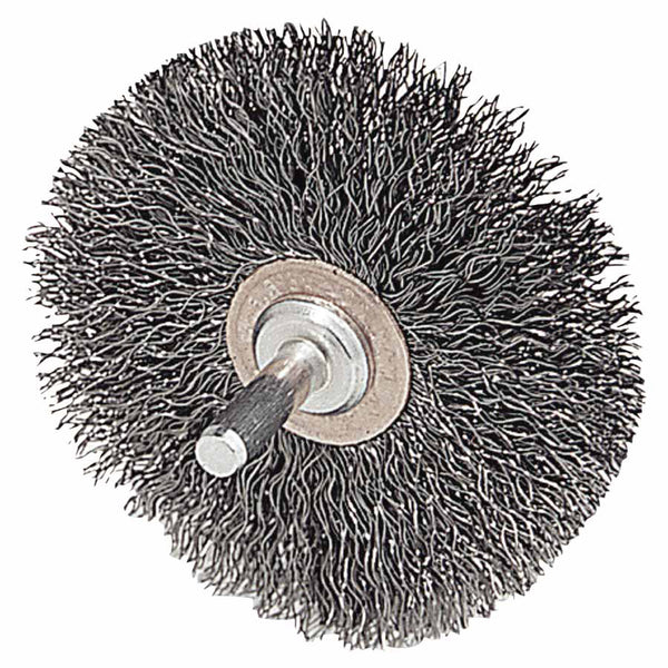 Stem-Mounted Narrow Conflex Brush, 3 in dia x 1/2 in W Face, 0.014 in Steel, 20000 RPM, 1/4 in Stem 804-17617