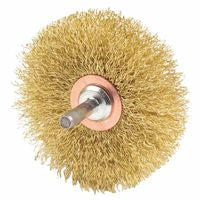 Stem-Mounted Narrow Conflex Brush, 3 in dia x 1/2 in W Face, 0.0118 in Brass Wire, 20000 RPM, 1/4 in Stem 804-17641