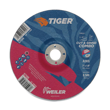 Tiger AO Type 27 Cut/Grind Combo Wheel, 7 in dia x 1/8 in Thick, 7/8 in dia Arbor, A30S 804-57105