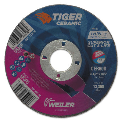 Tiger Ceramic Cutting Wheel, 4.5in Diameter, 0.045 in Thick, 7/8 in Arbor, 24/bx 804-58305