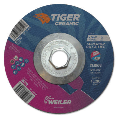 Tiger Ceramic Cutting Wheels, 6" Dia., 0.045" Thick, 60 Grit, Ceramic Alumina 804-58310