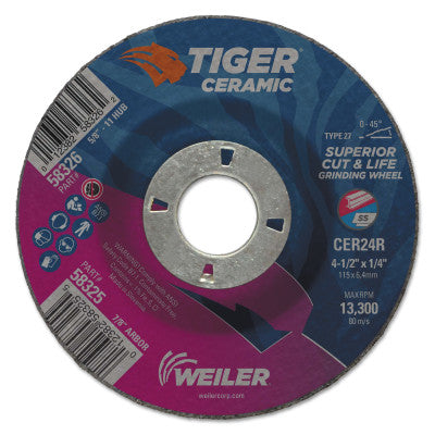Tiger Ceramic Grinding Wheel, 4-1/2 in dia, 1/4 in Thick, 7/8 in Arbor, 24 Grit 804-58325