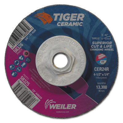 Tiger Ceramic Grinding Wheels, 4.5 in Dia, 1/4 in Thick, 5/8 in Arbor,10/bx 804-58326