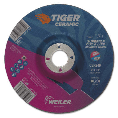 Tiger Ceramic Grinding Wheels, 6 in Dia., 1/4 in Thick, 7/8 in Arbor, 24 Grit 804-58329