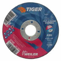 Tiger AO Type 27 Cut/Grind Combo Wheel, 4-1/2 in dia x 1/8 in Thick, 7/8 in dia Arbor, A30S 804-57101
