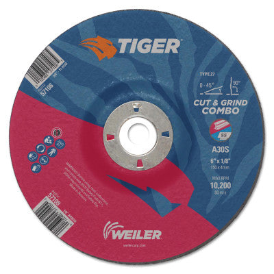 Tiger AO Type 27 Cut/Grind Combo Wheel, 6 in dia x 1/8 in Thick, 7/8 in dia Arbor, A30S 804-57109