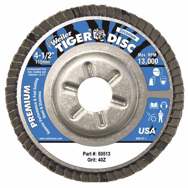 Tiger Disc Angled Style Flap Discs, 4 1/2", 40 Grit, 7/8 Arbor, Aluminum Back 804-50513