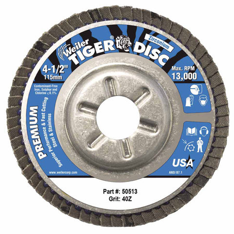 Tiger Disc Angled Style Flap Discs, 4 1/2", 40 Grit, 7/8 Arbor, Aluminum Back 804-50513