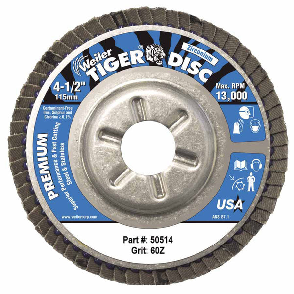 Tiger Disc Angled Style Flap Disc, 4-1/2 in dia, 60 Grit, 7/8 Arbor, 13000 rpm, Type 29 804-50514