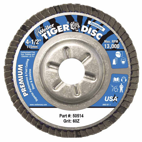 Tiger Disc Angled Style Flap Disc, 4-1/2 in dia, 60 Grit, 7/8 Arbor, 13000 rpm, Type 29 804-50514