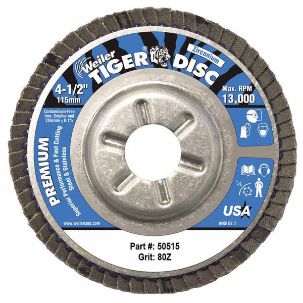 Tiger Disc Angled Style Flap Disc, 4-1/2 in dia, 80 Grit, 7/8 Arbor, 13000 rpm, Type 29 804-50515