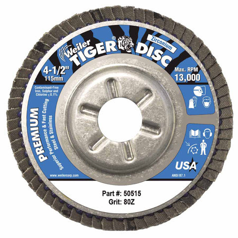Tiger Disc Angled Style Flap Disc, 4-1/2 in dia, 80 Grit, 7/8 Arbor, 13000 rpm, Type 29 804-50515