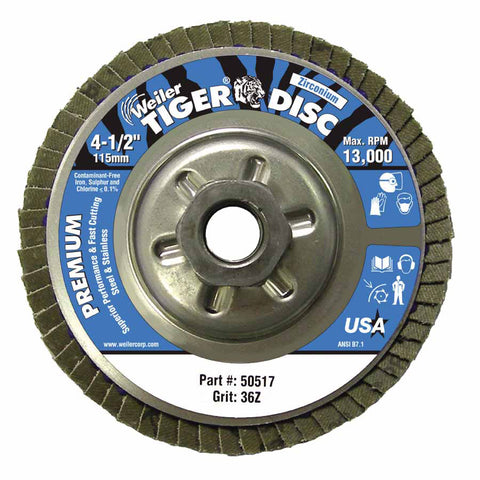 Tiger Disc Angled Style Flap Disc, 4-1/2 in dia, 36 Grit, 5/8 in-11, 13000 rpm, Type 29 804-50517
