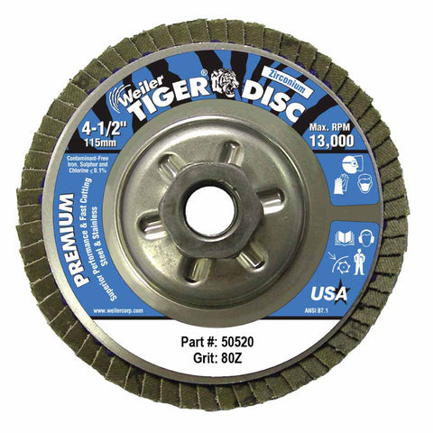 Tiger Disc Angled Style Flap Disc, 4-1/2 in dia, 80 Grit, 5/8 in-11, 13000 rpm, Type 29 804-50520