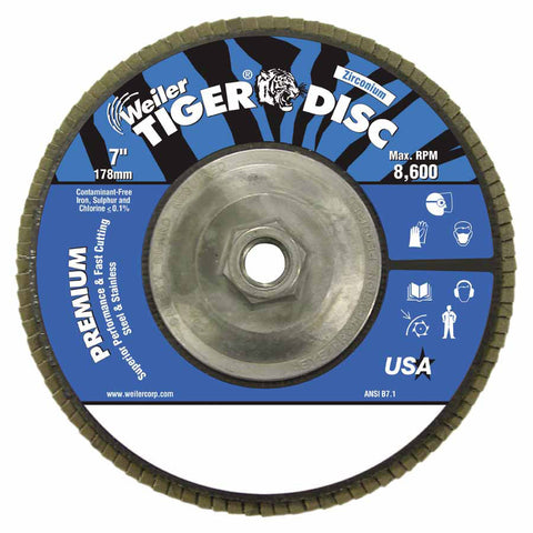 Tiger Disc Angled Style Flap Disc, 7 in dia, 60 Grit, 5/8 in-11, 8600 rpm, Type 29 804-50544