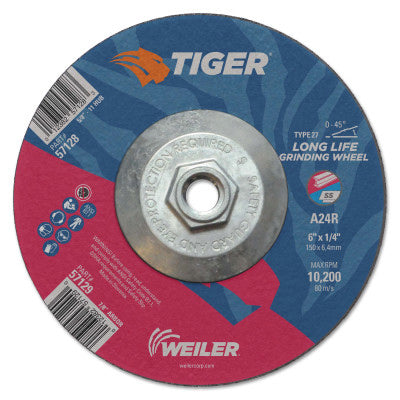 Tiger AO Grinding Wheel, 6 in dia x 1/4 in Thick, 5/8 in-11 UNC Arbor, A24R, Type 27 804-57128