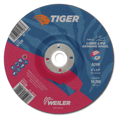 Tiger AO Grinding Wheel, 6 in dia x 1/4 in Thick, 7/8 in Arbor, A24R, Type 27 804-57129
